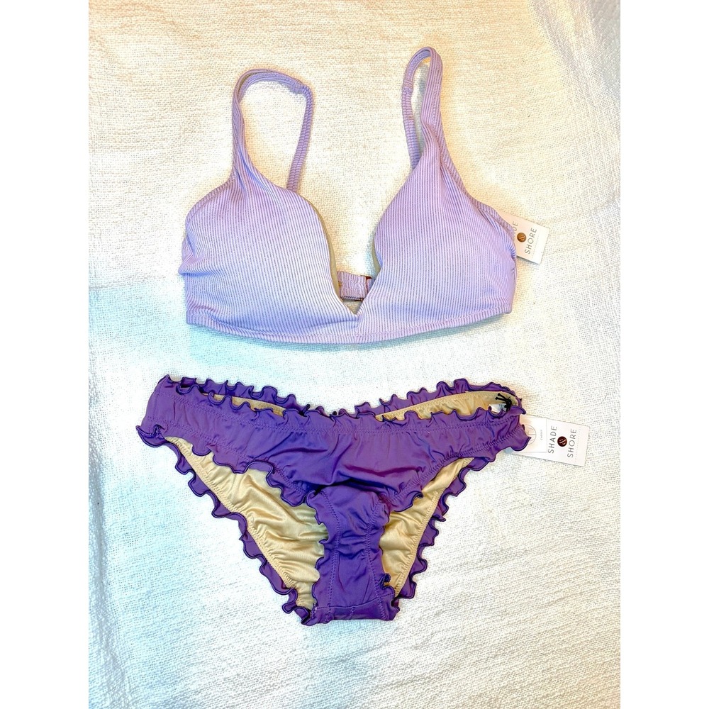 Shade & Shore - Triangle Bralette Lilac Lurex & Ruffle Extra Cheeky Bikini - New